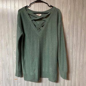 Arizona Jeans Womens Green V Neck Criss Cross Sweater